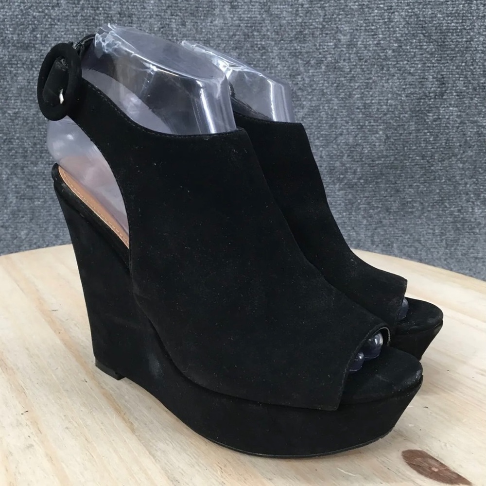 Steve Madden « Extinct » Black Peep-Toe Buckle Wedge | sz. 7.5